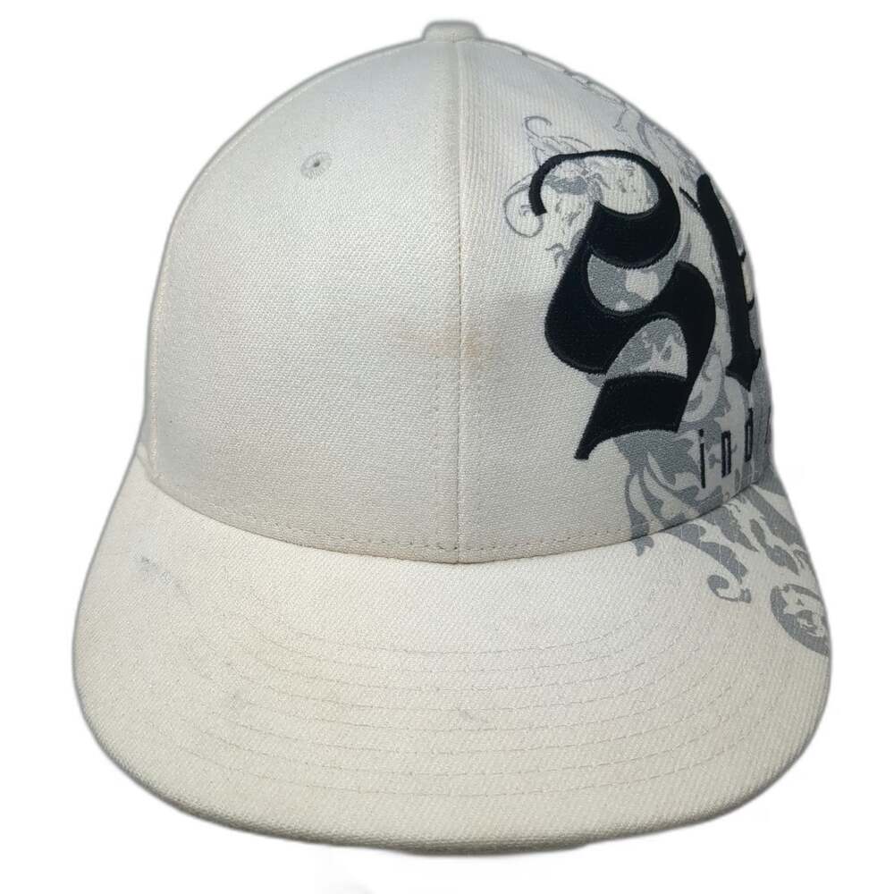 Skin Industries Baseball Cap White 7 1/4 Fitted Pinup Girl Filigree Graphic Hat